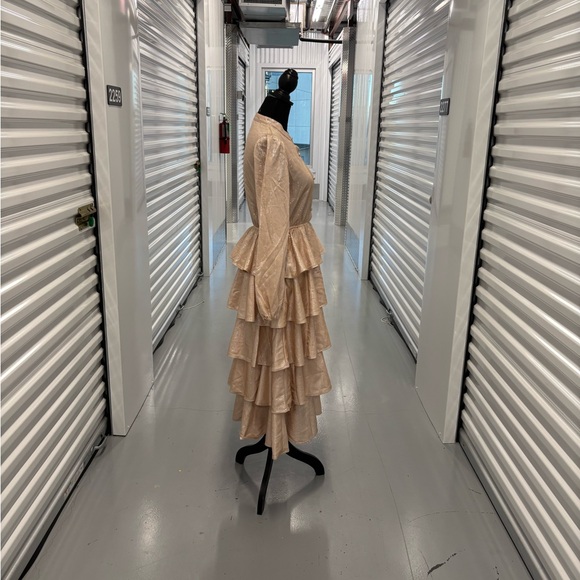 Mazik Tan Blush Pink Gold Ruffled Tiered Gown with Mandarin Collar - Picture 13 of 15